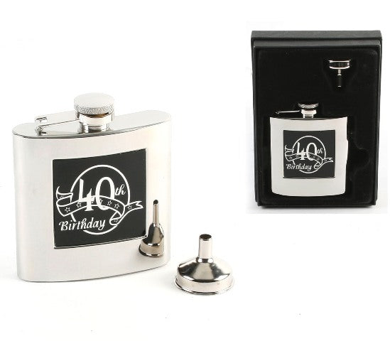 Juliana Stainless Steel Hip Flask Gift Set - 40th Birthday
