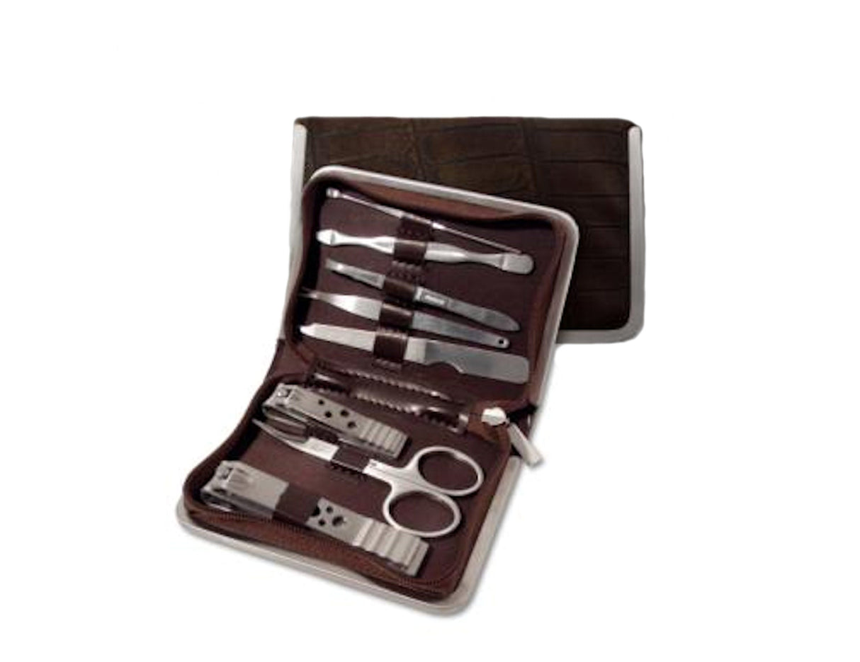 Manicure Set in Brown Mock Croc Leather Case