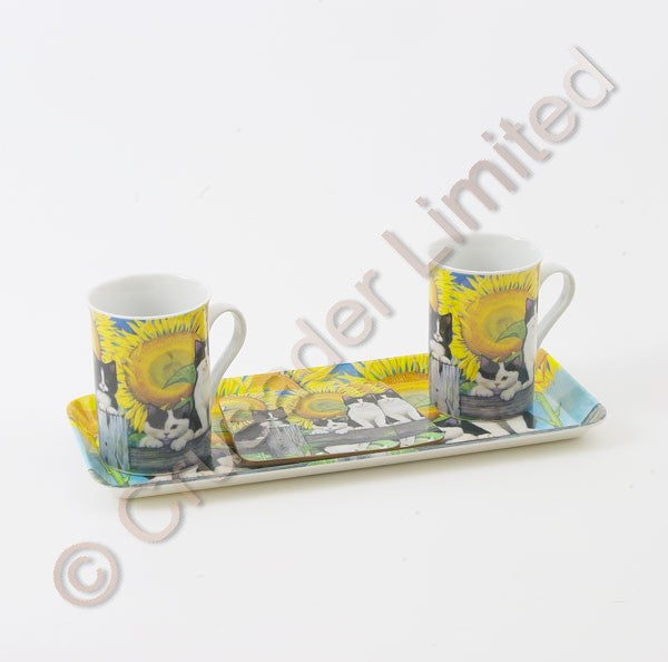 Gleneagles Tea For Two China Mugs with Coasters & Tray Set - Furry Friends Cats