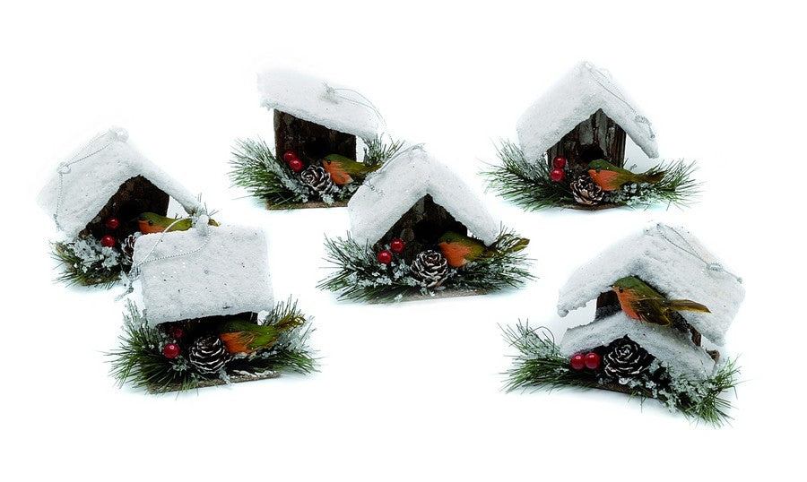 Christmas Tree Hanging Decorations - Robin & Bird House Pack of 6 Assorted