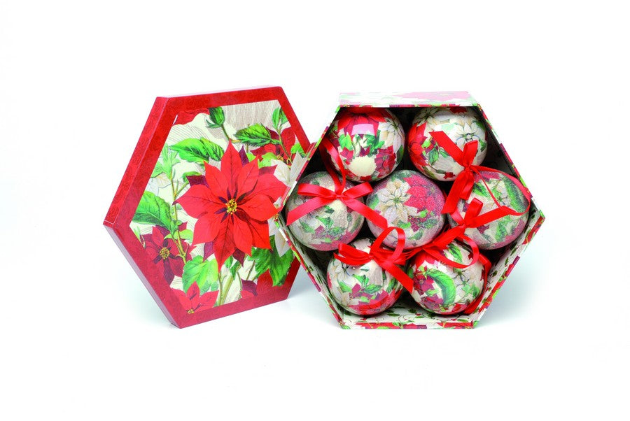 Christmas Tree Baubles - Decoupage Poinsettia Flowers Pack of 7 Assorted