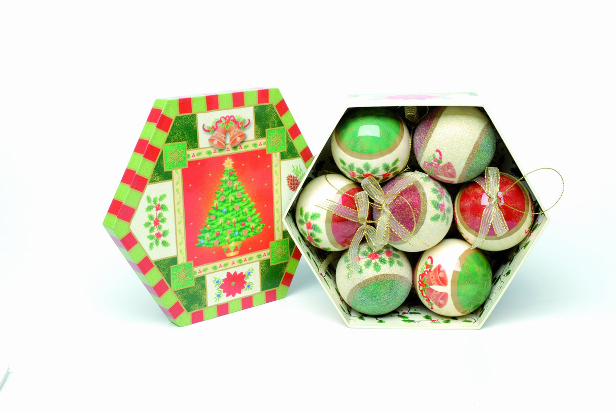 Christmas Tree Baubles - Decoupage Bells & Berries Pack of 7 Assorted