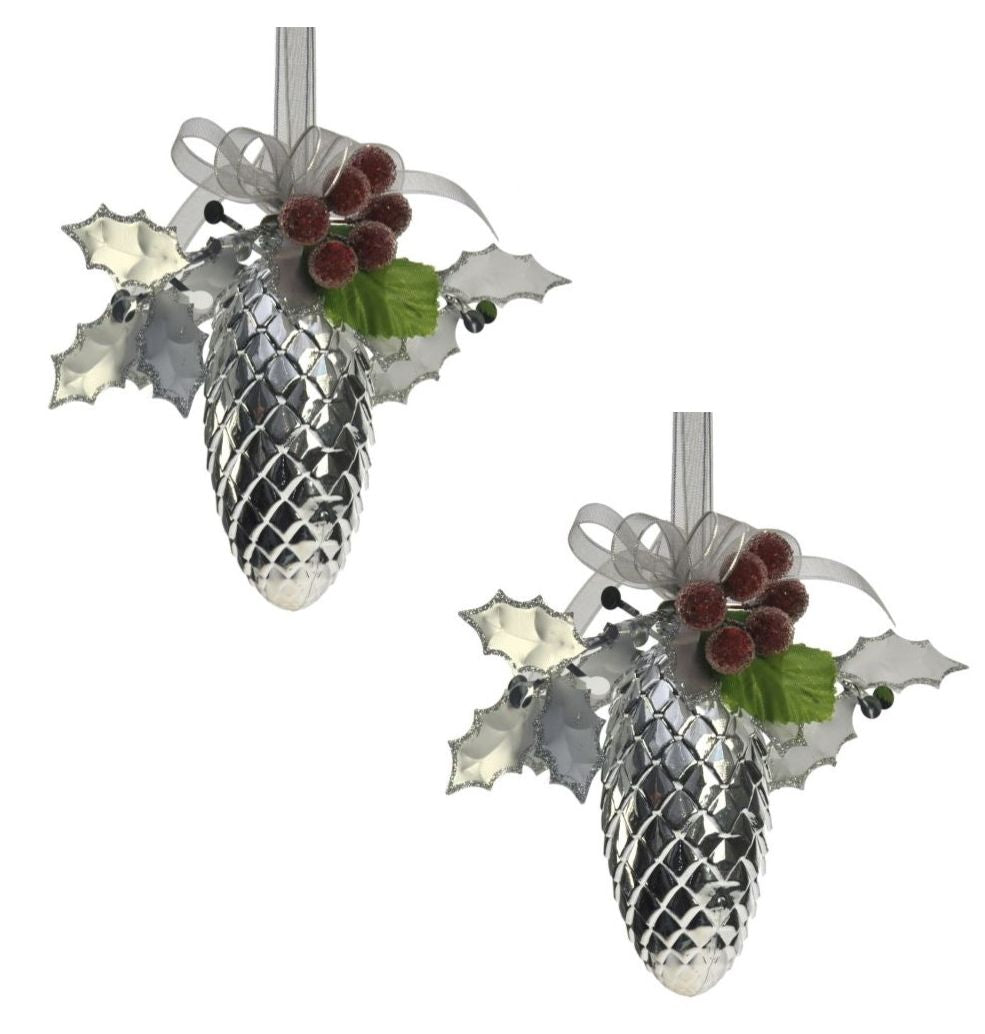 Weiste Christmas Tree Decorations Set of 2 - Silver Pine Cone Holly Berries