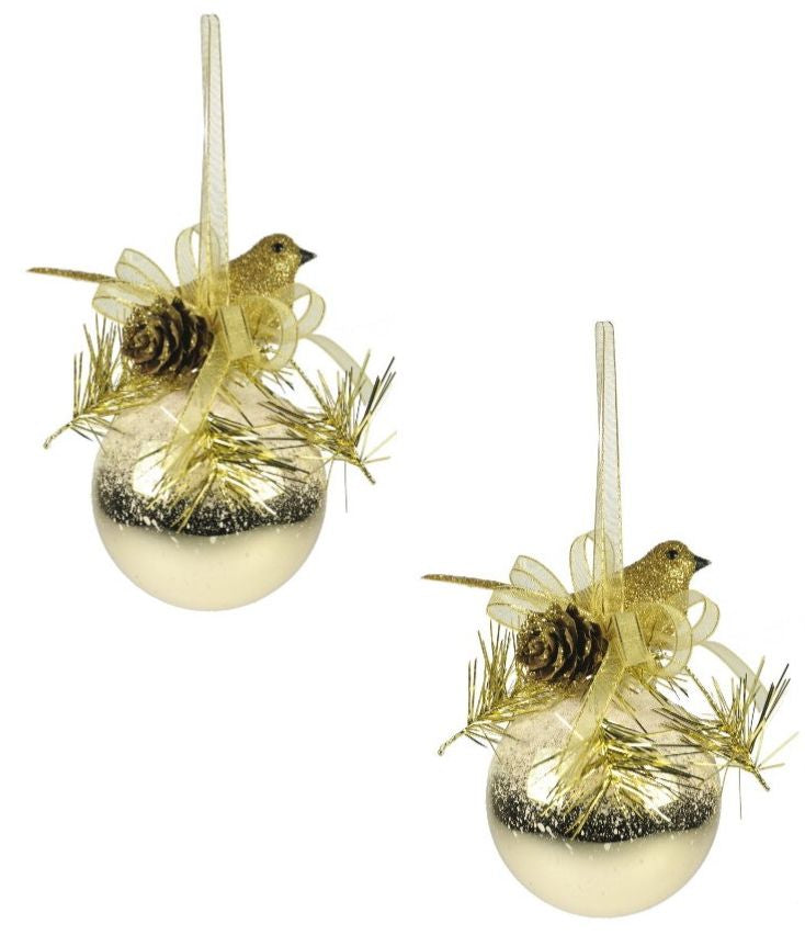 Weiste Christmas Tree Decorations Set of 2 - Gold Festive Bird on Bauble