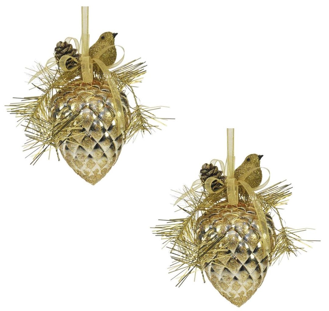 Weiste Christmas Tree Decorations Set of 2 - Gold Festive Bird on Pine Cone