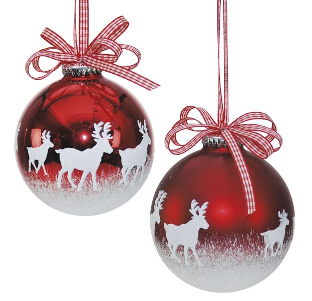 Weiste Christmas Tree Decorations Set of 2 - Red Bauble with White Reindeers