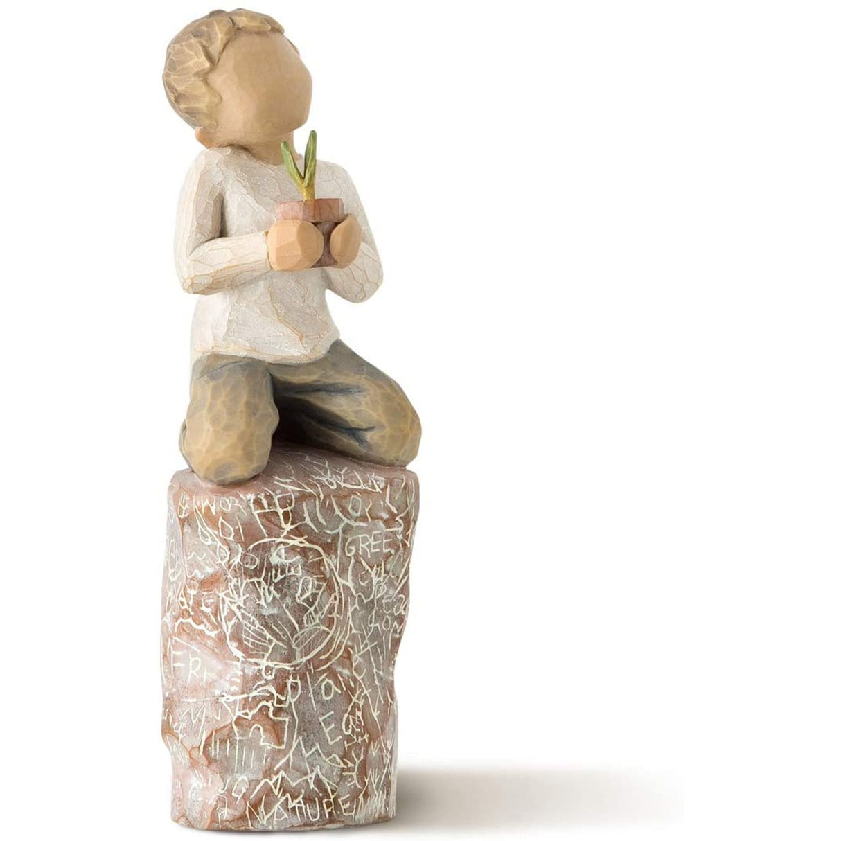 Boy on rock holding a pineapple ornament