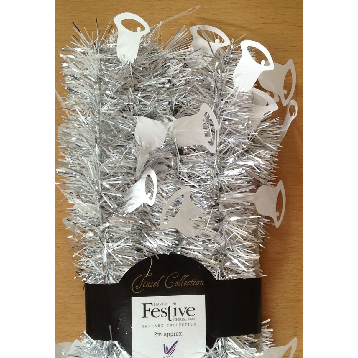Christmas Tree Tinsel - Silver & White Bell 2m