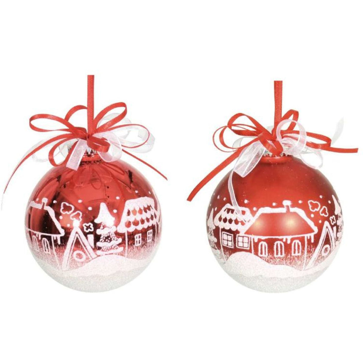 Weiste Christmas Tree Decorations Set of 2 - Red Bauble with Snow Scene