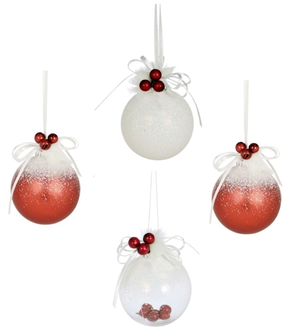 Weiste Christmas Tree Decorations Set of 4 - Red & White Bauble with Berries