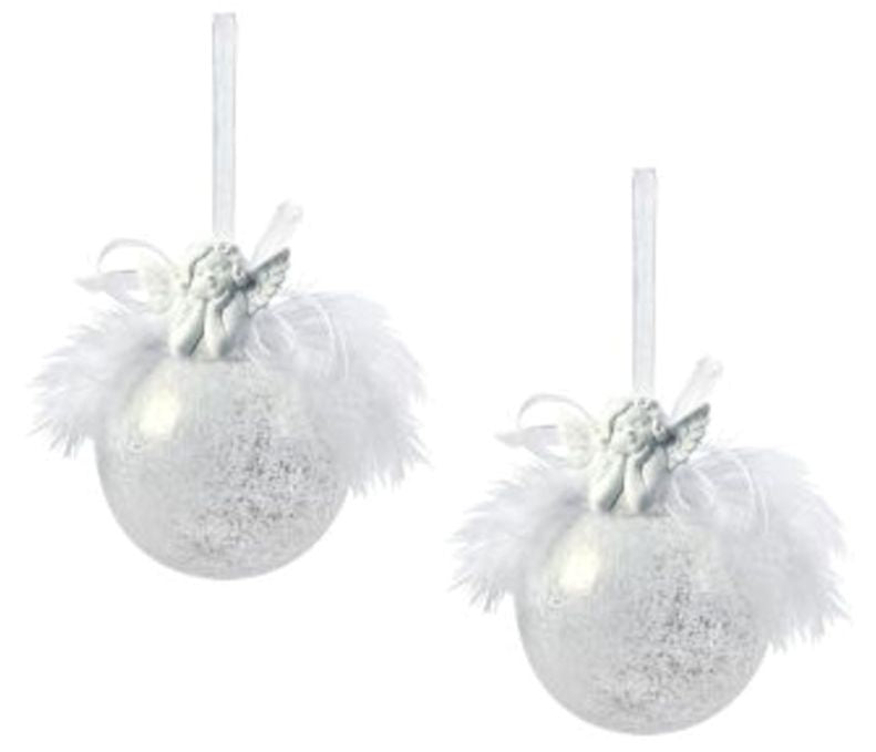 Weiste Christmas Tree Decorations Set of 2 - Snow Frosted Ball with Angel