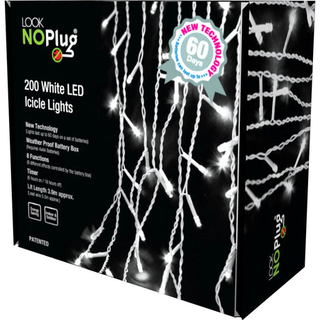 Christmas Lights - Icicle Lights 200 LED Multi Function No Plug (White)