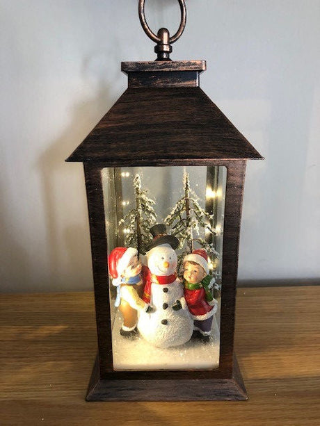 Christmas Lantern with Light Up Scene - Children & Snowman