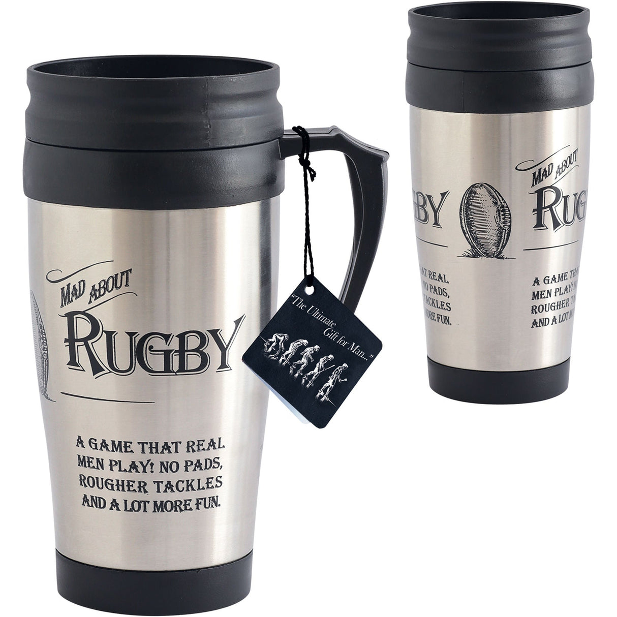 Two stainless steel travel mugs with 'Mad about Rugby' text and a graphic of rugby players in action. One mug has a black handle, and the other features a silver handle.