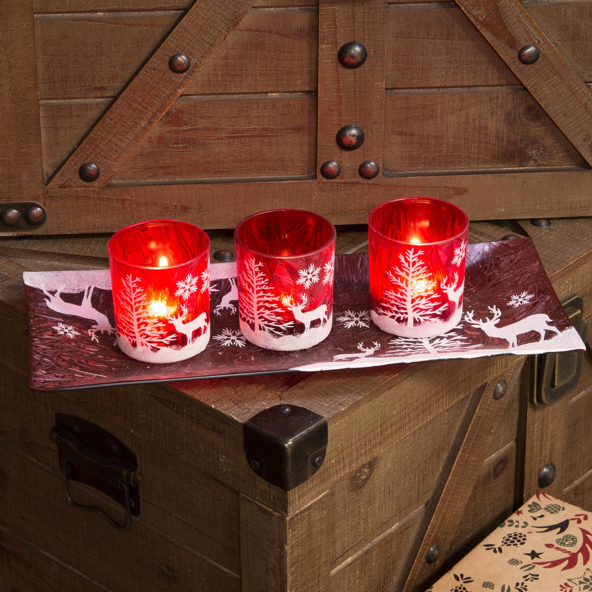 Christmas Tea Light Candle Holder - Three Red Holders with White Reindeer and Tray