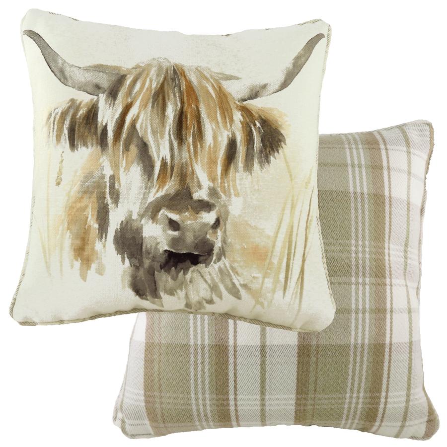 Evans Lichfield Watercolour Collection Piped Cushion Cover: Highland Cow 17x17"