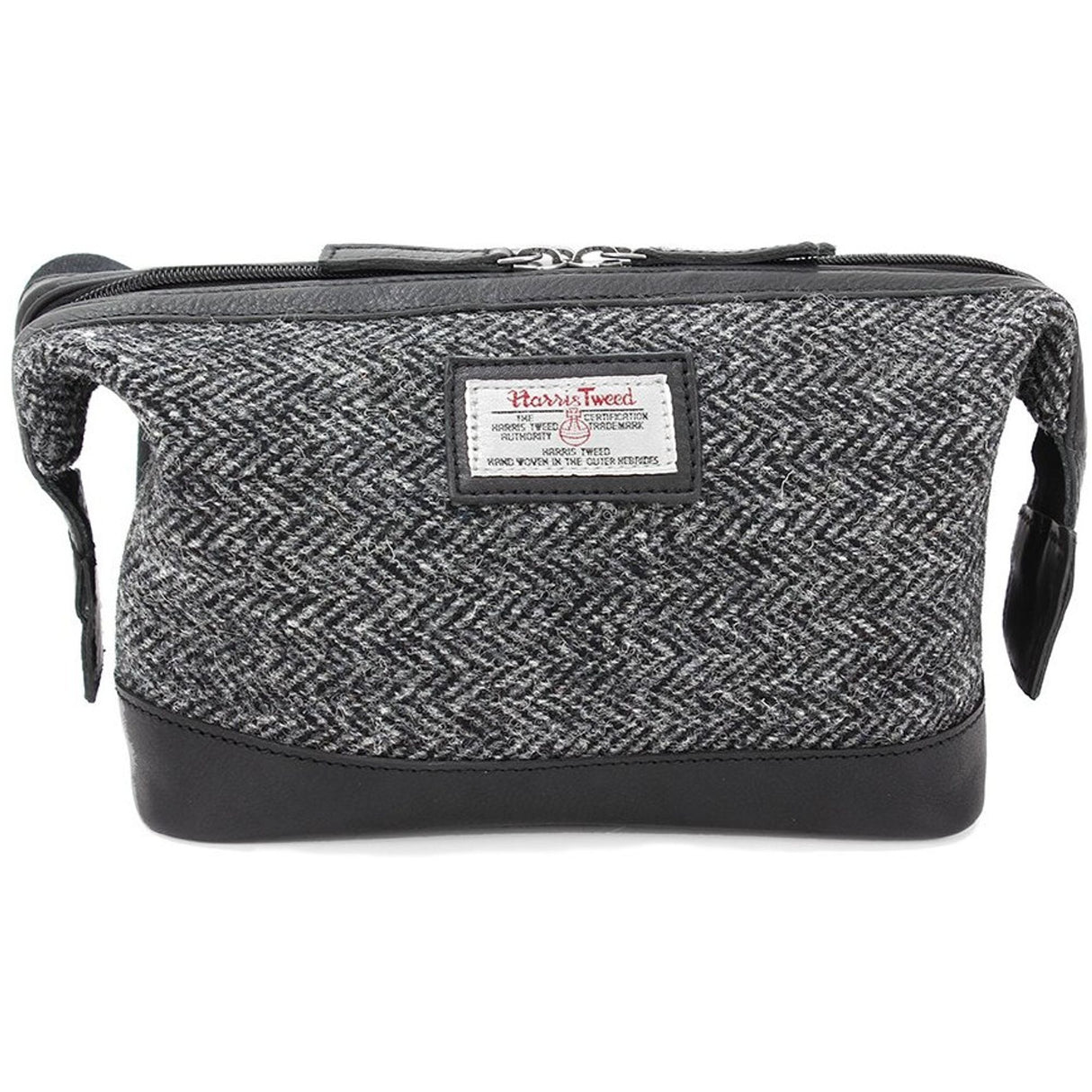 Harris Tweed Travel Wash Bag Leather Trim: Grey Herringbone