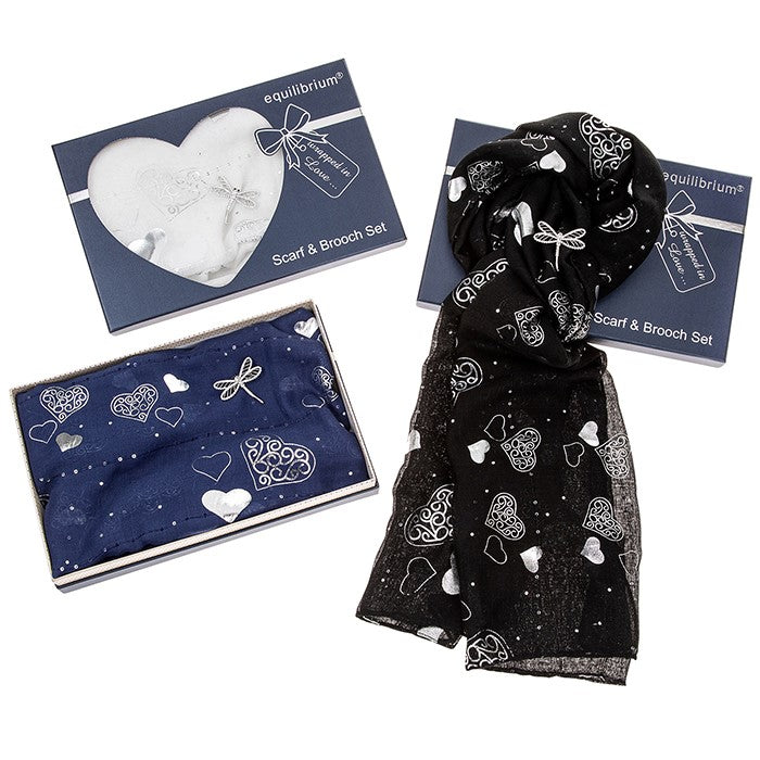 Equilibrium Hearts Scarf & Dragonfly Brooch Set - Denim Blue