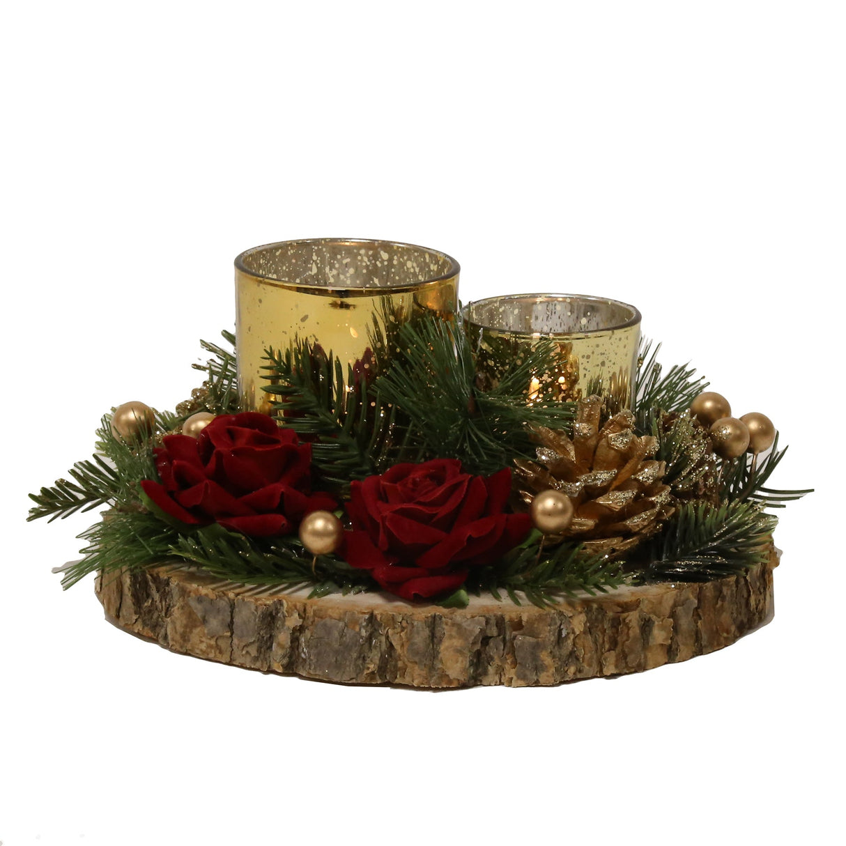 Christmas Tea Light Candle Holder - Two Gold Holders with Red Roses & Pine Cones