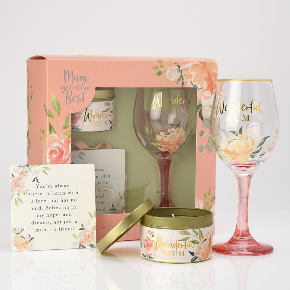 Sophia Peaches & Cream Candle Wine Glass & Plaque Gift Set - Mum