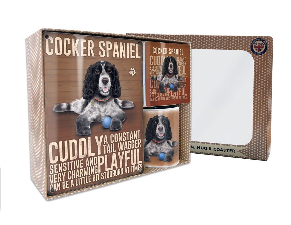Metal Sign Mug & Coaster Boxed Gift Set - Black & White Cocker Spaniel Dog