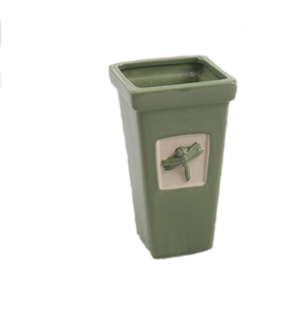 Tall green plant pot with Dragonfly design