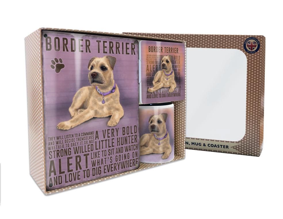 Metal Sign Mug & Coaster Boxed Gift Set - Border Terrier Dog