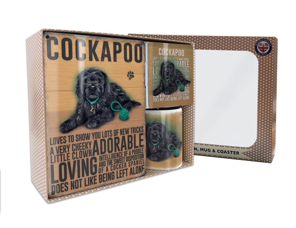 Metal Sign Mug & Coaster Boxed Gift Set - Black Cockapoo Dog