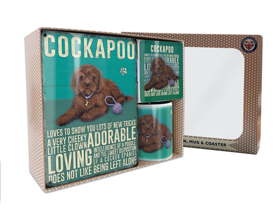Metal Sign Mug & Coaster Boxed Gift Set - Brown Cockapoo Dog