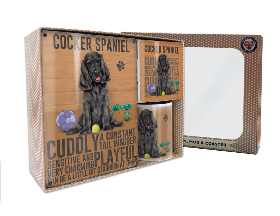 Metal Sign Mug & Coaster Boxed Gift Set - Black Cocker Spaniel Dog