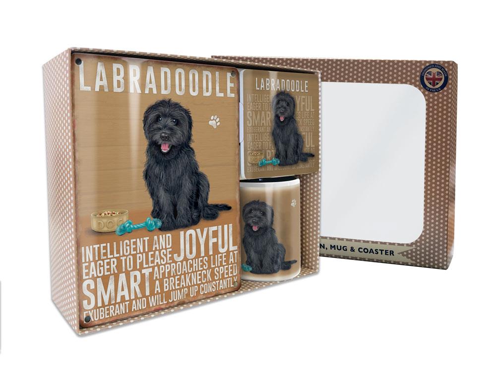 Metal Sign Mug & Coaster Boxed Gift Set - Black Labradoodle Dog
