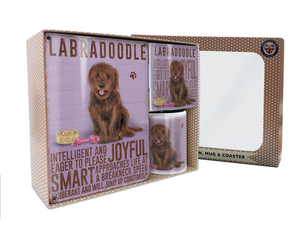 Metal Sign Mug & Coaster Boxed Gift Set - Brown Labradoodle Dog