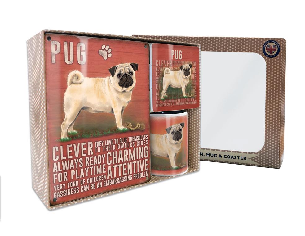 Metal Sign Mug & Coaster Boxed Gift Set - Pug Dog
