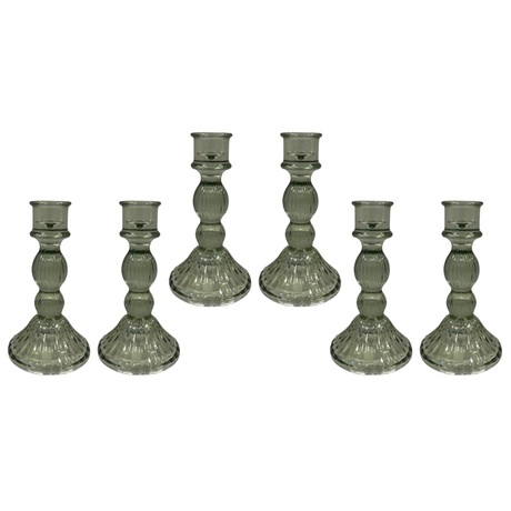 Satchville Vintage Green Ribbed Glass Dinner Candle Holders - Various Sets