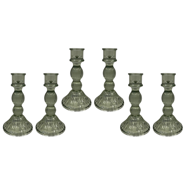 Satchville Vintage Green Ribbed Glass Dinner Candle Holders - Various Sets