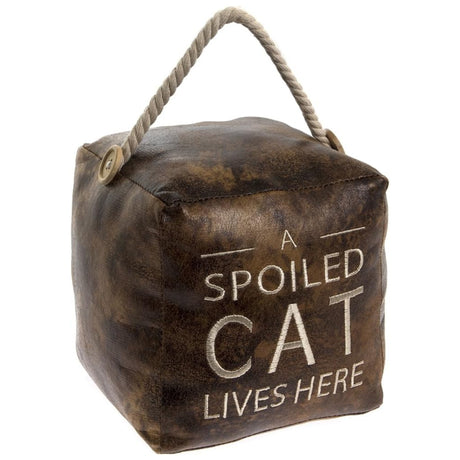 Antique Brown Faux Leather Cube Doorstop - A Spoiled Cat Lives Here