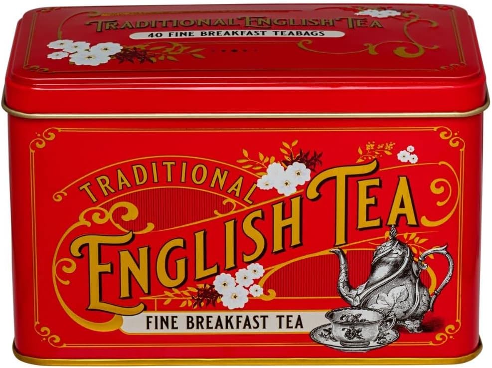 New English Teas Vintage Victorian Tea Tin with 40 Breakfast Tea Bags - Red