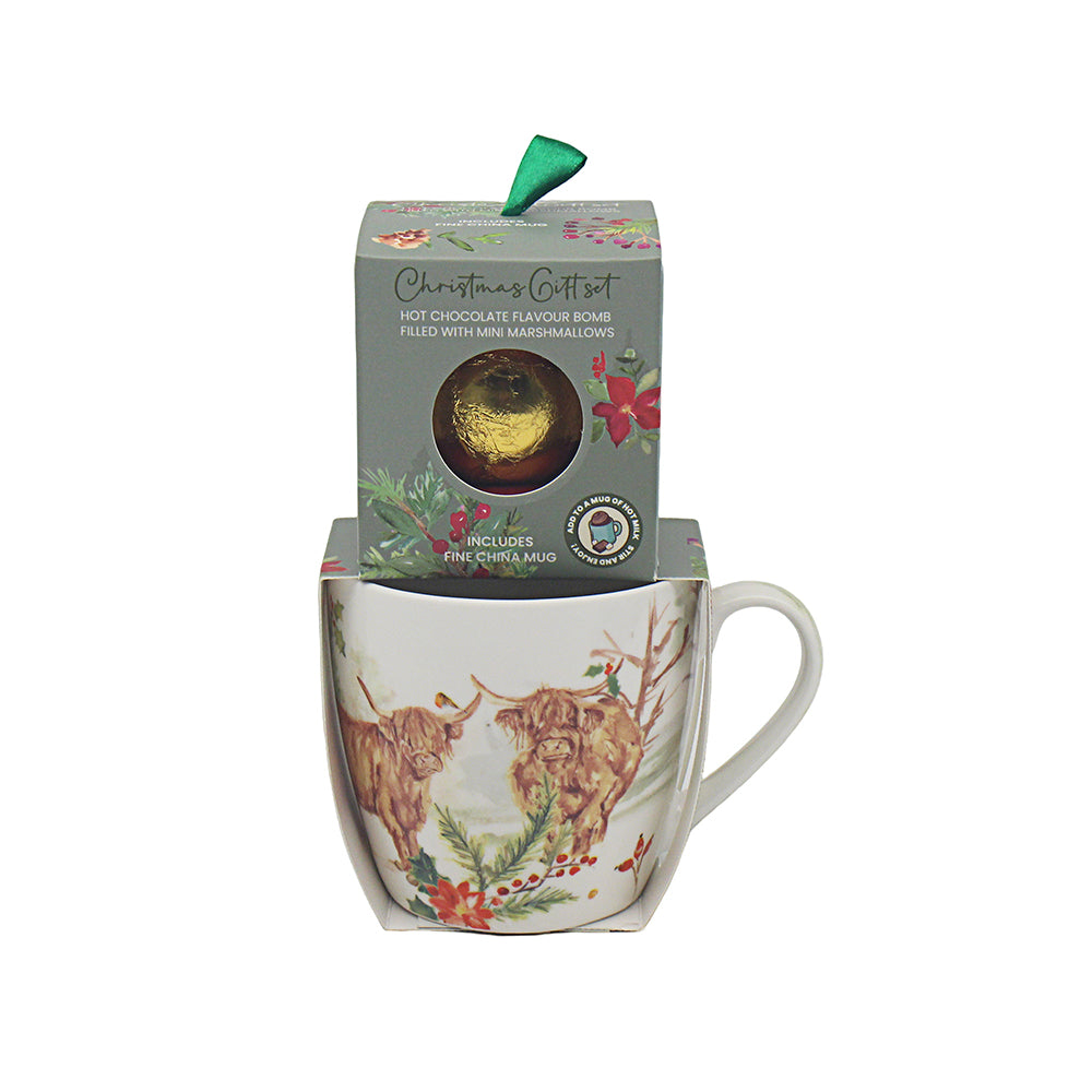 Jennifer Rose Christmas Mug & Chocolate Bomb Gift Set - Highland Cow