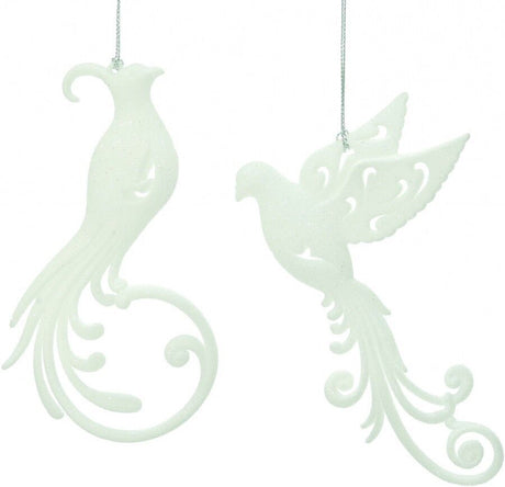 Christmas Tree Hanging Decorations - White Glitter Bird Pack of 2 Assorted