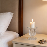 Clear Glass Candlestick Holders (6cm) - Flower Design