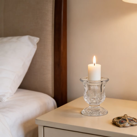 Clear Glass Candlestick Holders (6cm) - Flower Design