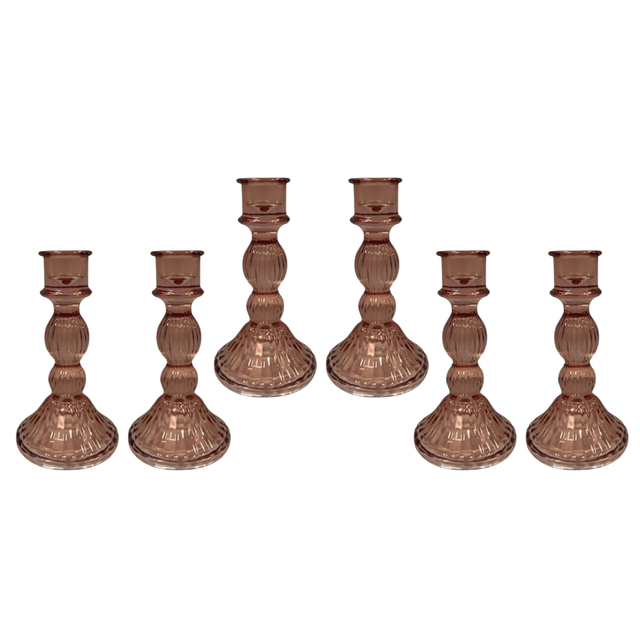 Rose Ribbed Glass Dinner Candle Holders - Various Sets