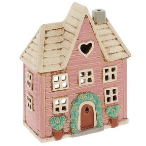 Village Pottery Floral Panel House Tea Light Holder - Pink