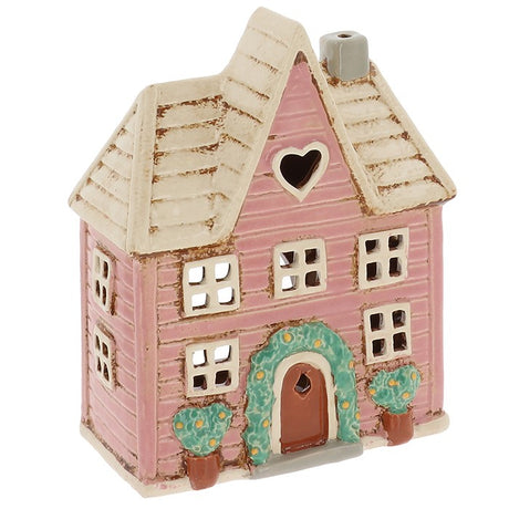 Village Pottery Floral Panel House Tea Light Holder - Pink