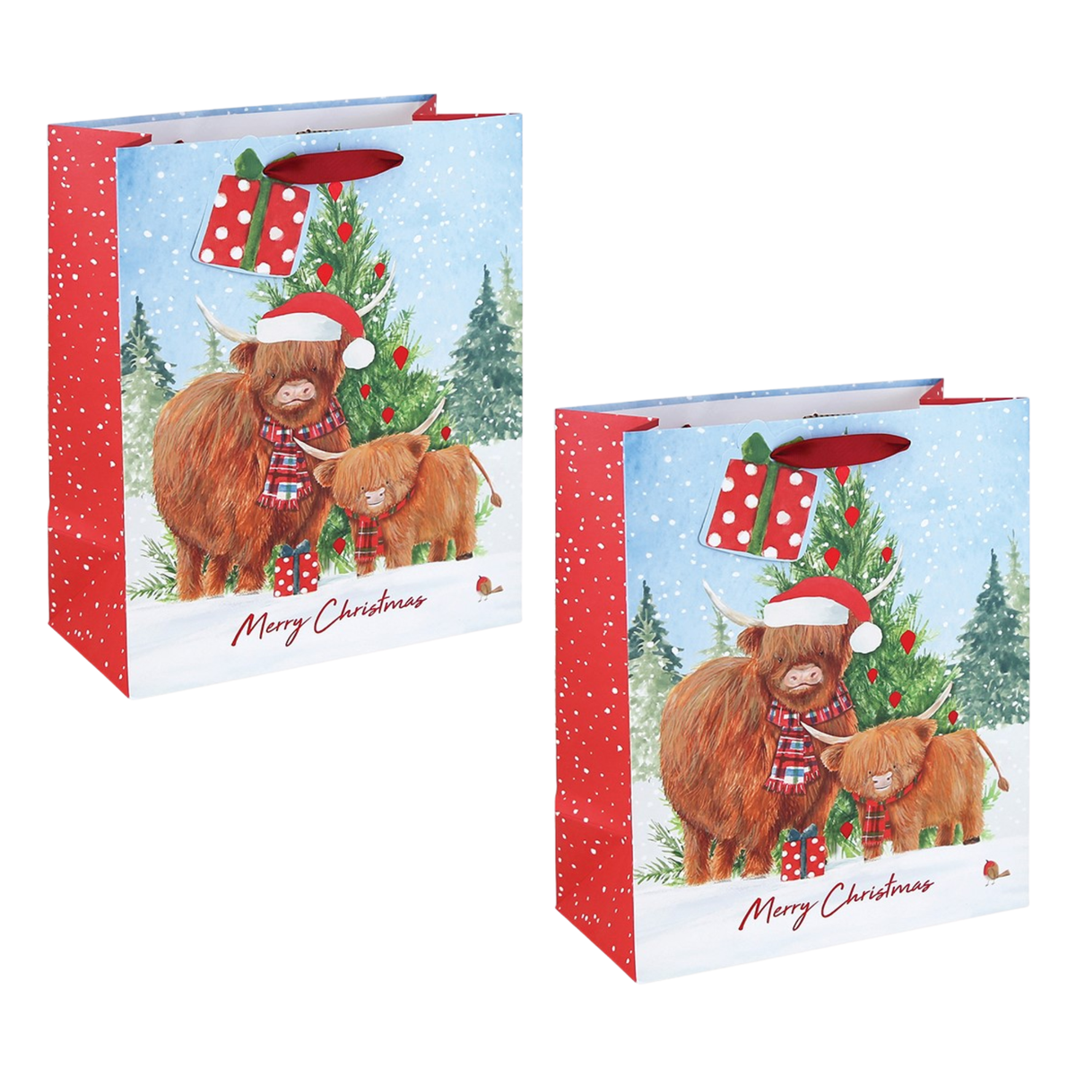 Highland Cow Kraft Christmas Gift Bag - L Set of 2