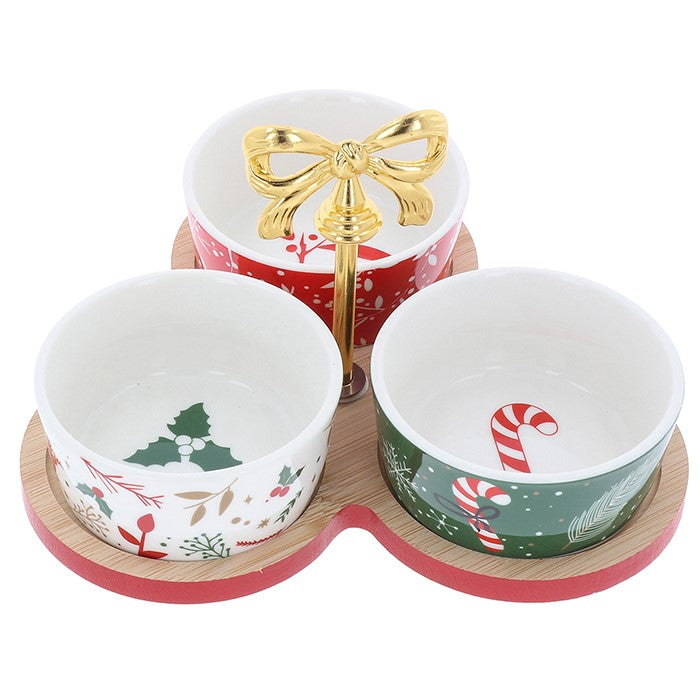 Christmas Cheer Serving Dishes & Gold Bow Tray 