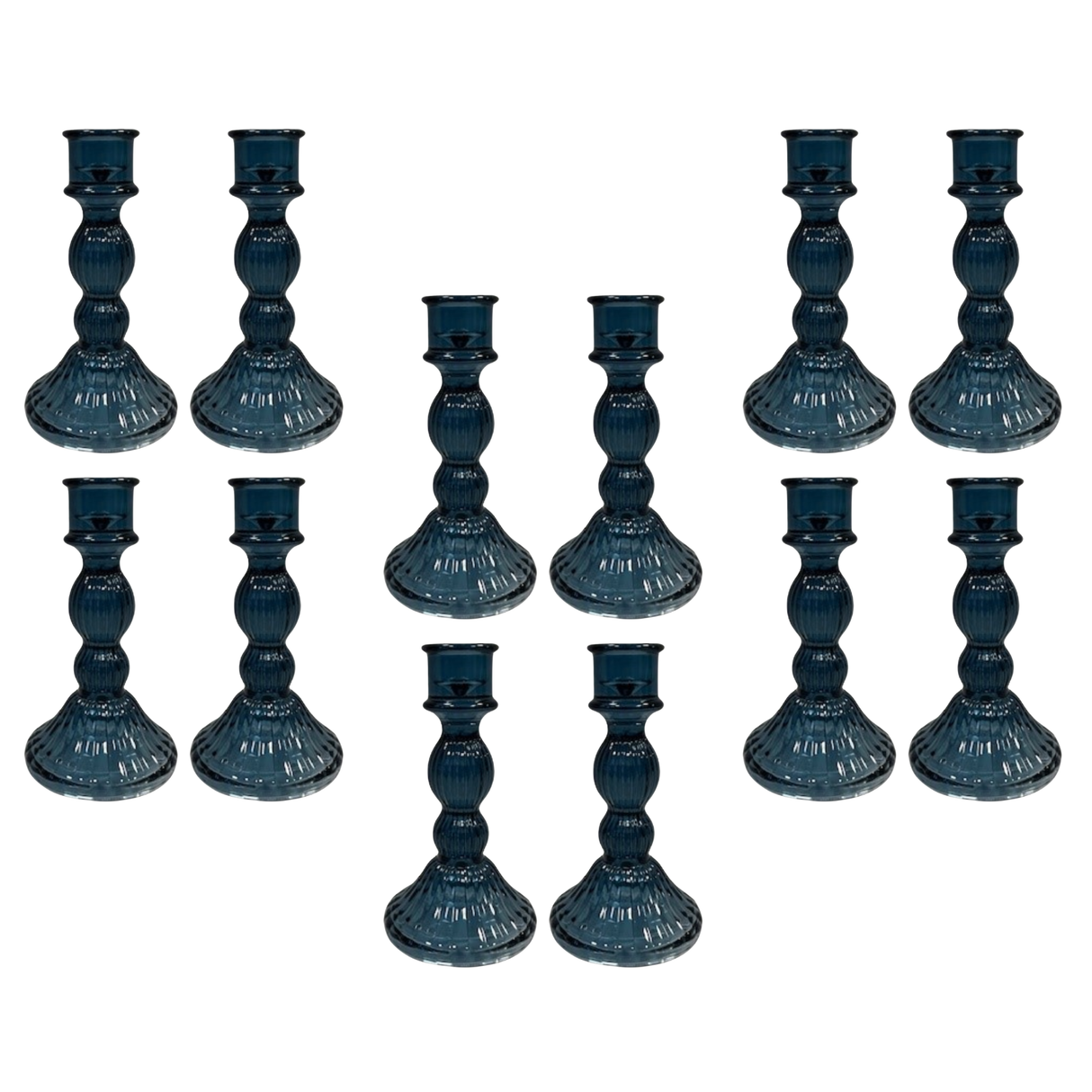 Blue Ribbed Glass Dinner Candle Holders - Various Sets