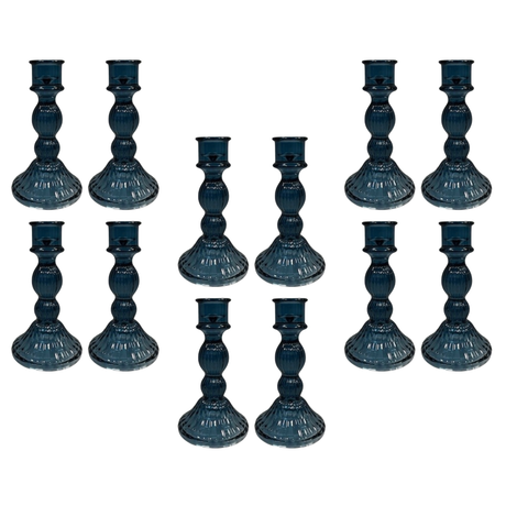 Blue Ribbed Glass Dinner Candle Holders - Various Sets