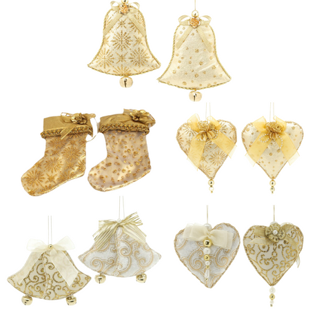 Christmas Tree Hanging Decorations - Gold Fabric Beaded Bells Pack of 2 