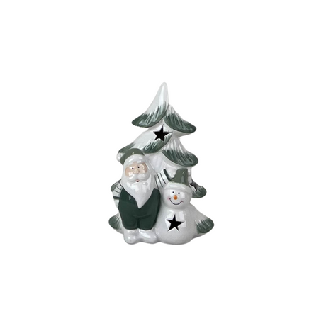Green/White Ceramic Tree with Santa and Snowman Decoration with LED 13.6cm